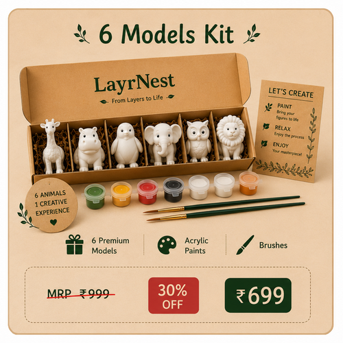 LayrNest 6 Models Kit – Wild Animal Painting Kit with giraffe, hippo, penguin, elephant, owl and lion figurines
