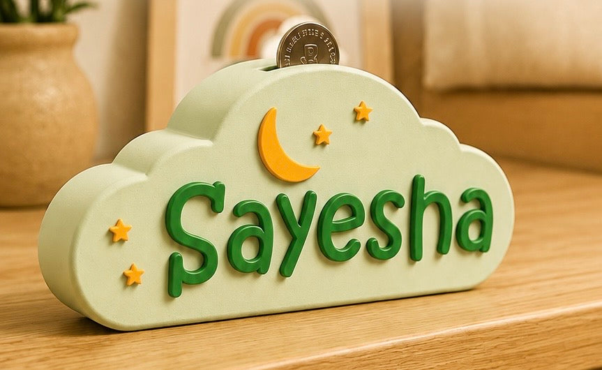 Personalized cloud-shaped piggy bank with name Sayesha, moon and star accents
